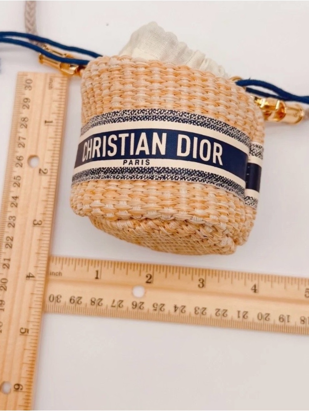 Dior Natural Straw Mini Bucket Bag with Navy Logo Band - Picture 4 of 4